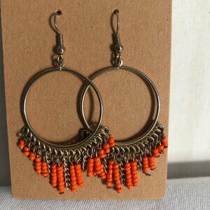 Open Hoop Orange Beaded Dangle Gold Tone Chain Earrings